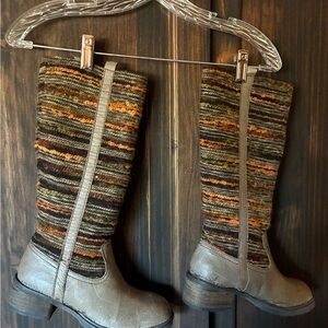 Brown and Orange Heeled Boots with Layered Pattern